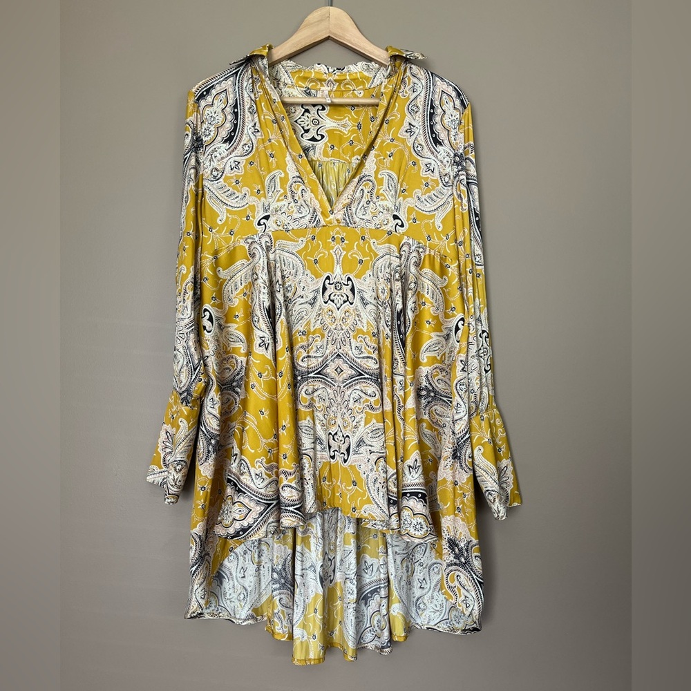 {Free People} Field of Butterflies Swing Tunic Top with Long Sleeves in Gold - Picture 2 of 11